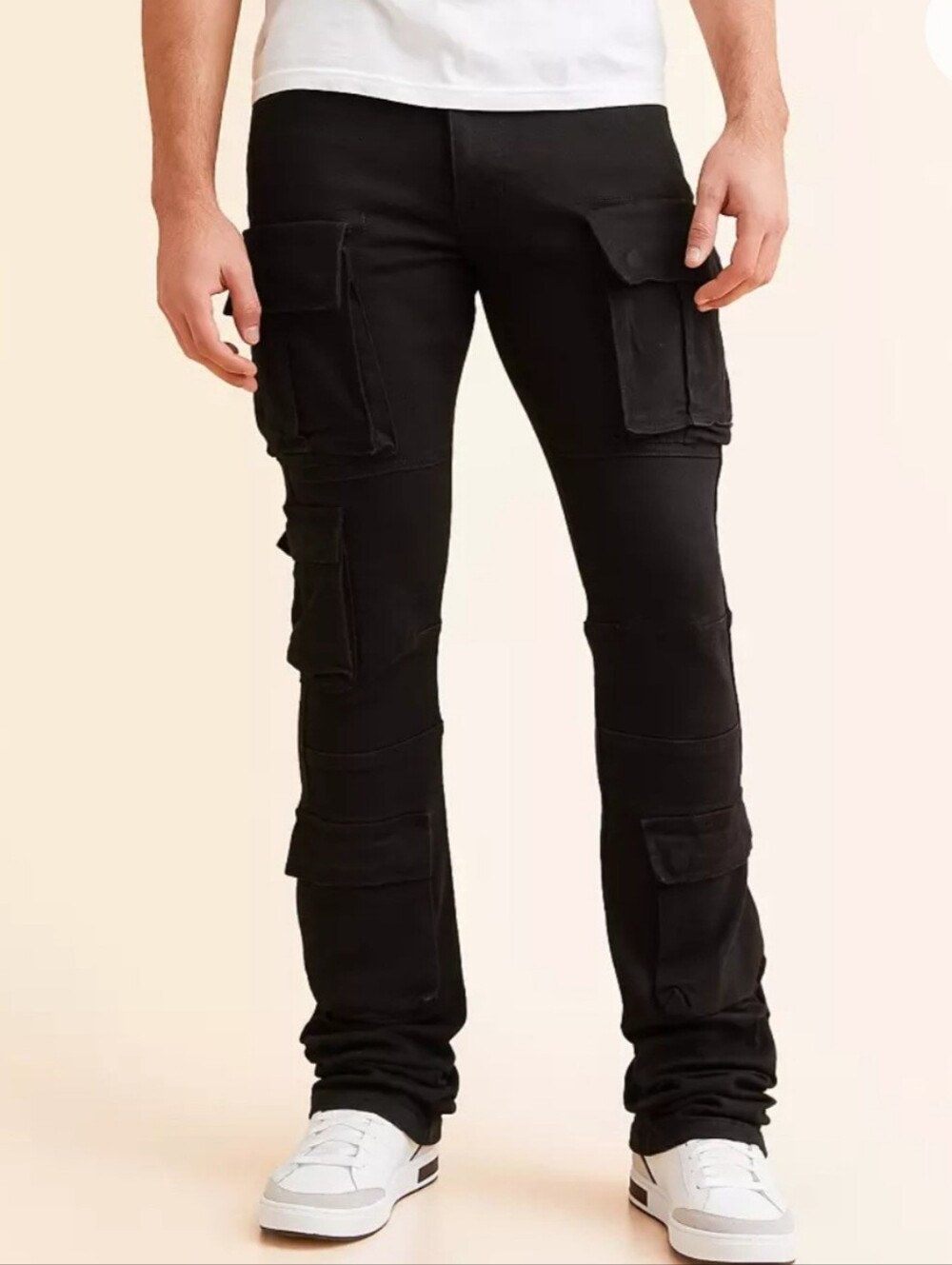 Smoke Rise Men's Utility Stacked Cargo Jeans Distressed Streetwear Denim Size 32